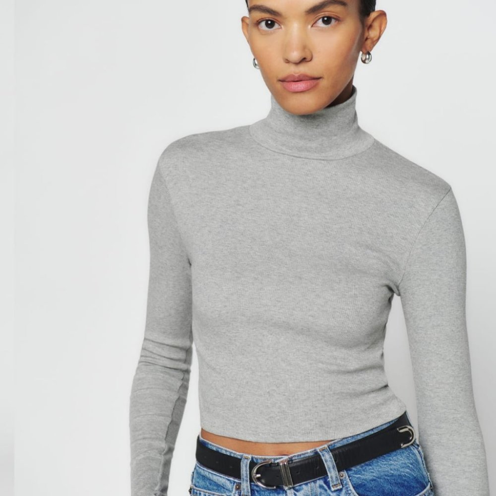 NWT Reformation Davy Cropped Ribbed Turtleneck Tee in Heather Grey, Size Small
